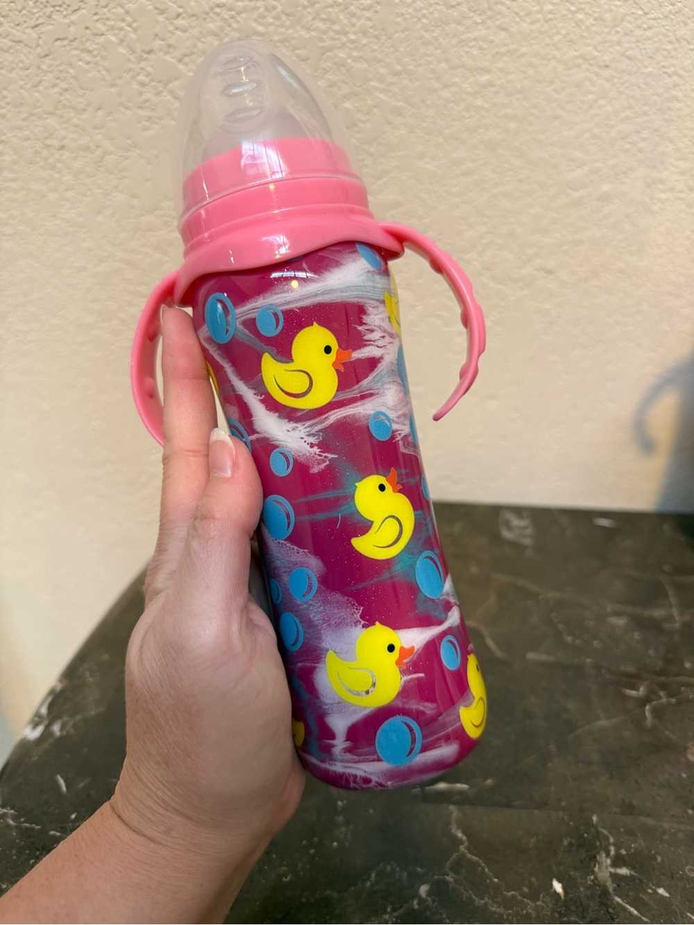 Ducks and Bubbles Marble Swirl Keep Cold 12 Oz Baby Bottle Personalized